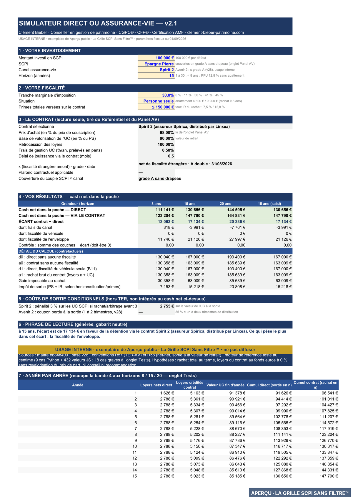 La feuille Simulateur du classeur assurance-vie v2.1, cas de référence