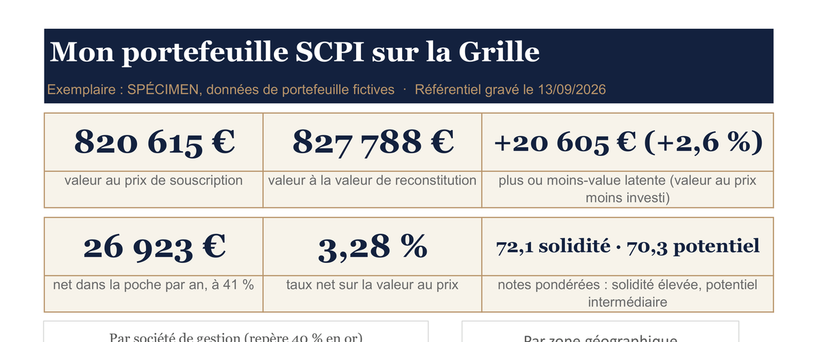 La page En un regard du classeur Mon portefeuille SCPI sur la Grille : bandeau et six tuiles, spécimen
