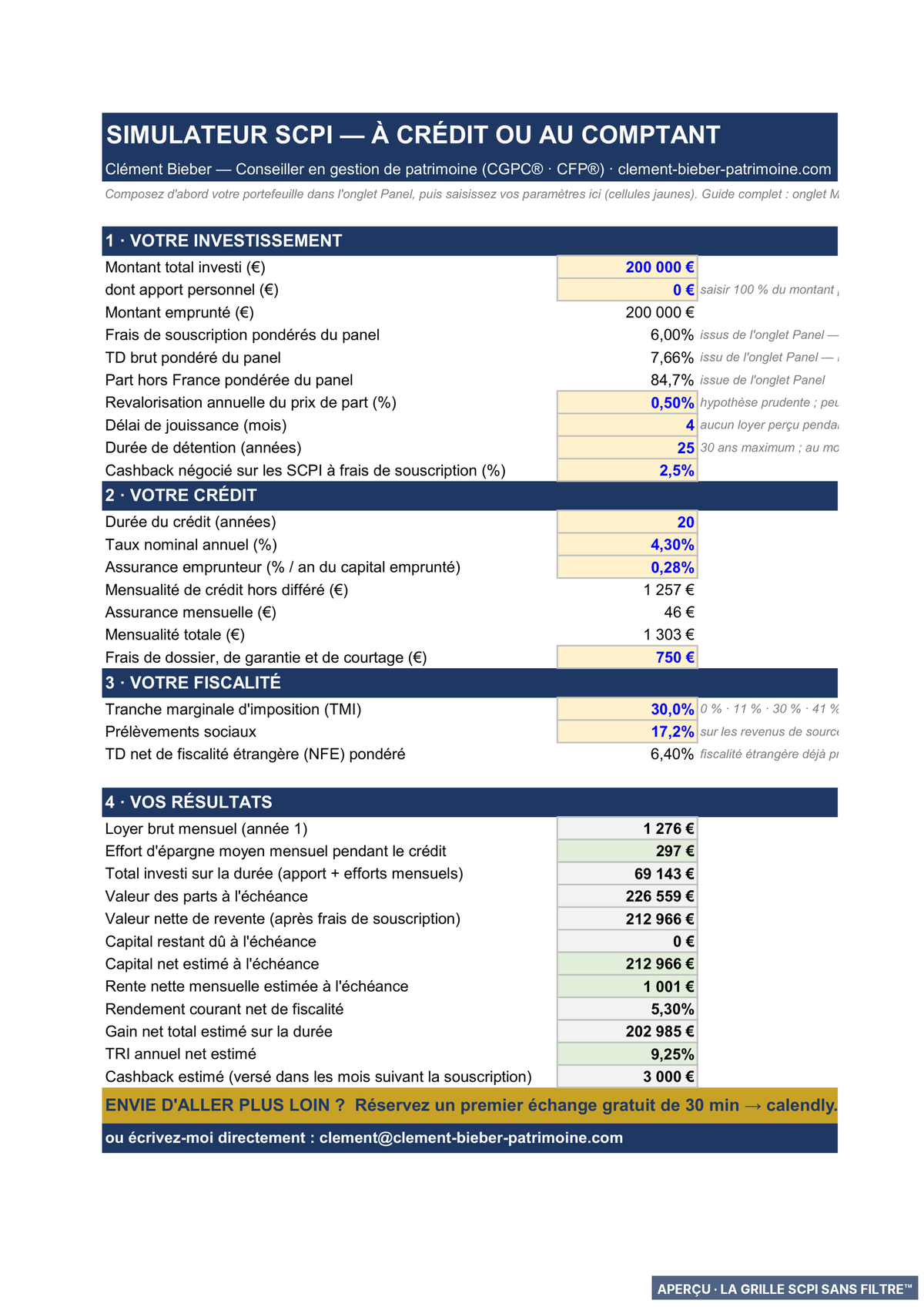 La feuille Simulateur du classeur v5.7, cas de référence